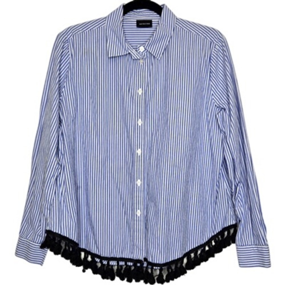 Who What Wear Shirt Womens XL Blue White Stripe Button Up Tassel Fringe Boho Top